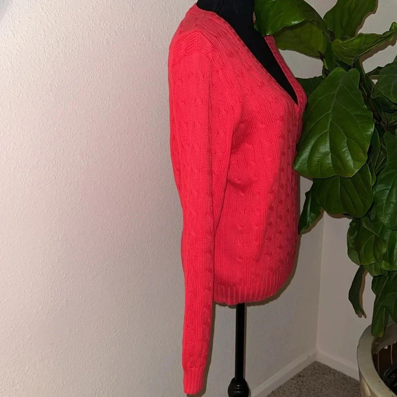 Ralph Lauren Women’s Strawberry Red V-Neck 100% Cotton Cable Knit Sweater XL - Picture 4 of 8